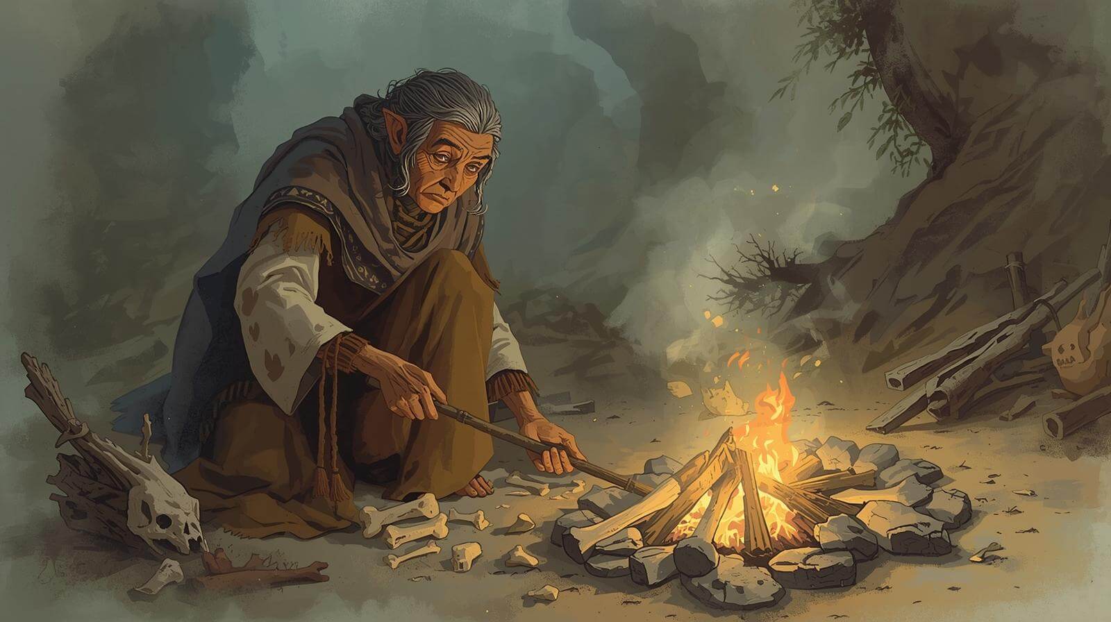 fiaba della loba, la loba è una donna anziana medicina che raccoglie le ossa davanti a un fuoco, effetto sogno (1)